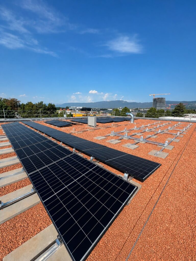 Panneaux photovoltaïques posés sur la toiture plate d’un nouveau bâtiment à Gland